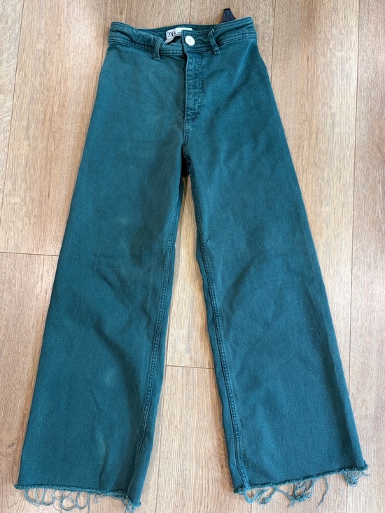 Zara Pants - Zara Marine Straight Wide Leg Jeans Teal Green Raw Hem High Rise 28